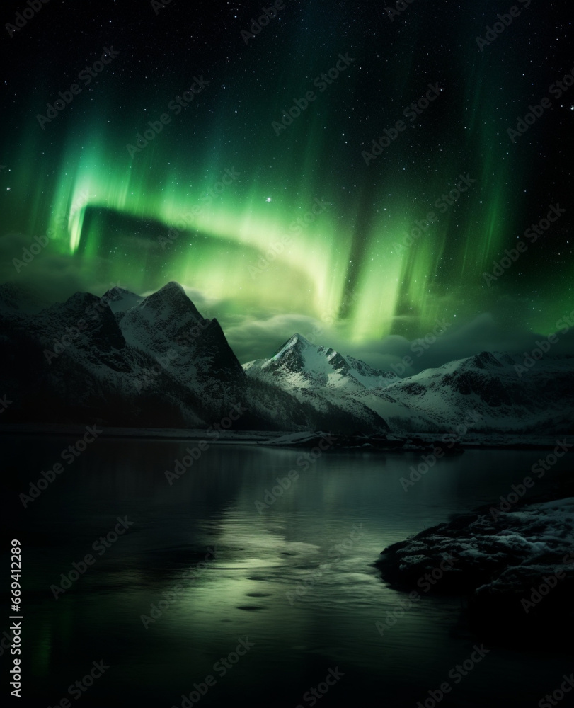 The mesmerizing sight of the aurora borealis casting vibrant green light over the serene waters, a celestial spectacle Created with generative AI tools.