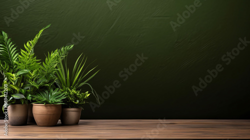 Potted house plants on a wooden table copy for text 