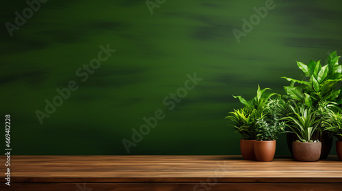 Potted house plants on a wooden table copy for text 