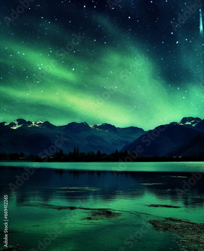 The mesmerizing sight of the aurora borealis casting vibrant green light over the serene waters  a celestial spectacle Created with generative AI tools.