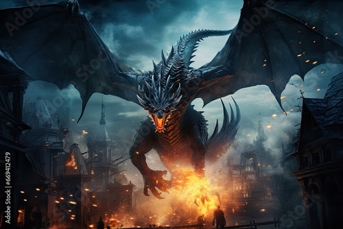 large dragon standing in a city of fire © Rangga Bimantara