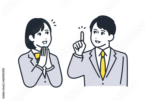 解決策をひらめく男女の学生のシンプルなベクターイラストセット素材