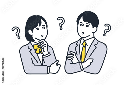 考える男女の学生のシンプルなベクターイラストセット素材