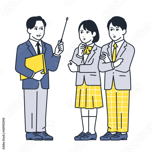 先生と男女の学生のシンプルな全身イラスト素材