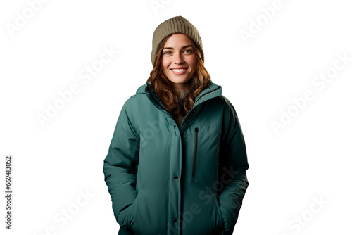young woman in green parka jacket with hat, winter fashion photo