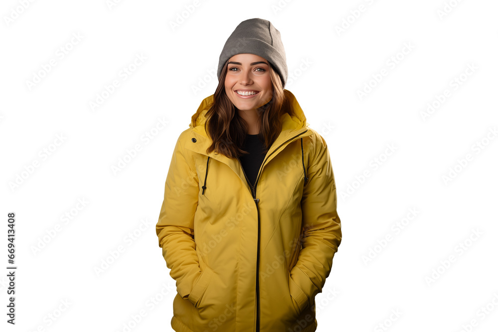 young woman in yellow parka jacket with hat, winter fashion young woman in yellow parka jacket with hat, winter fashion