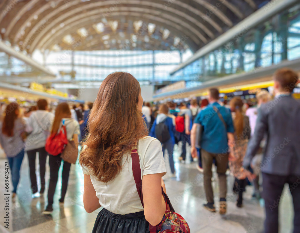 Naklejka premium A crowd of people in the hall of the departure terminal of an international airport. Passenger flow in motion. Travel and transportation of people background