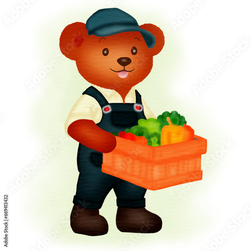 Agriculture concept. Teddy bear cartoon characters in work clothes. Pick up vegetables in farm fields for sale. Vector illustration
