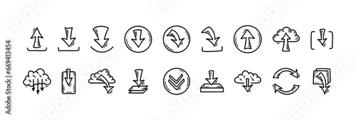 Download and upload file doodle icons set. Hand drawn sketch interface buttons. Cloud data server technology. Digital storage arrow pictogram.