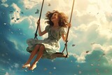 Young girl on swing soaring high against sky backdrop with floating pages. Surreal fantasy and freedom.