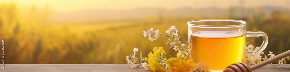 Tea with flowers and honey on the table on the landscape background with dawn. Spring holidays. Design for seasonal banner, backdrop with free space for text Tea with flowers and honey on the table on the landscape background with dawn. Spring holidays. Design for seasonal banner, backdrop with free space for text