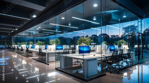 Beautiful photo of a clean and cozy office with big windows. Lots of sunlight creates a pleasant working atmosphere in a large open office space