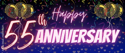 55th or fifty five anniversary template. Shiny neon calligraphy text and number with Confetti, balloons and sparkle on elegant blue gradient background. Use for design, greeting card and invitation 
