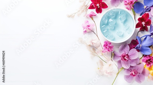 Spa composition.Aromatic water and flowers in bowl on