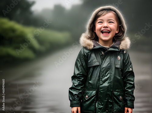 Child laughs waist medium rain maximum detail