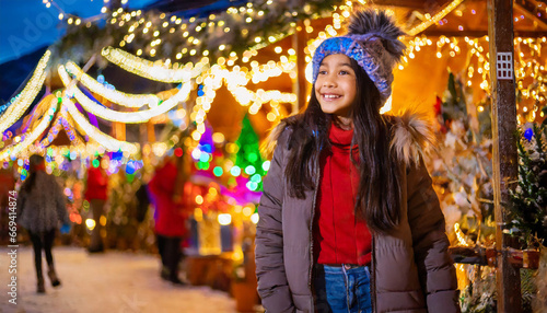 A girl walks through the Christmas market, decorated with festive lights in the evening. Winter holidays Design ai