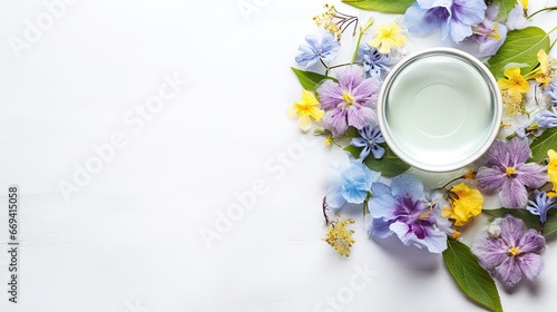 Spa composition.Aromatic water and flowers in bowl on