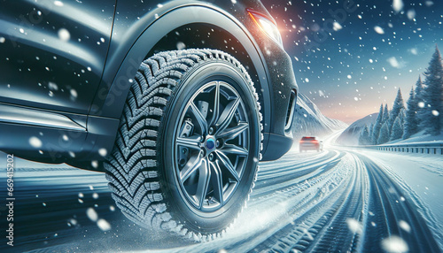 スタッドレスタイヤで雪道を安全に走行：タイヤのグリップと舞い散る雪片 © WATA3