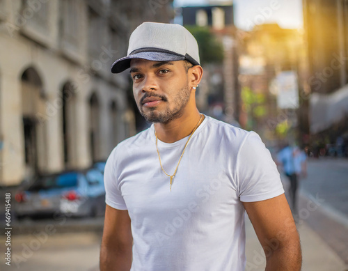 Male Latin model in a classic white cotton T-shirt and and cap on a city street