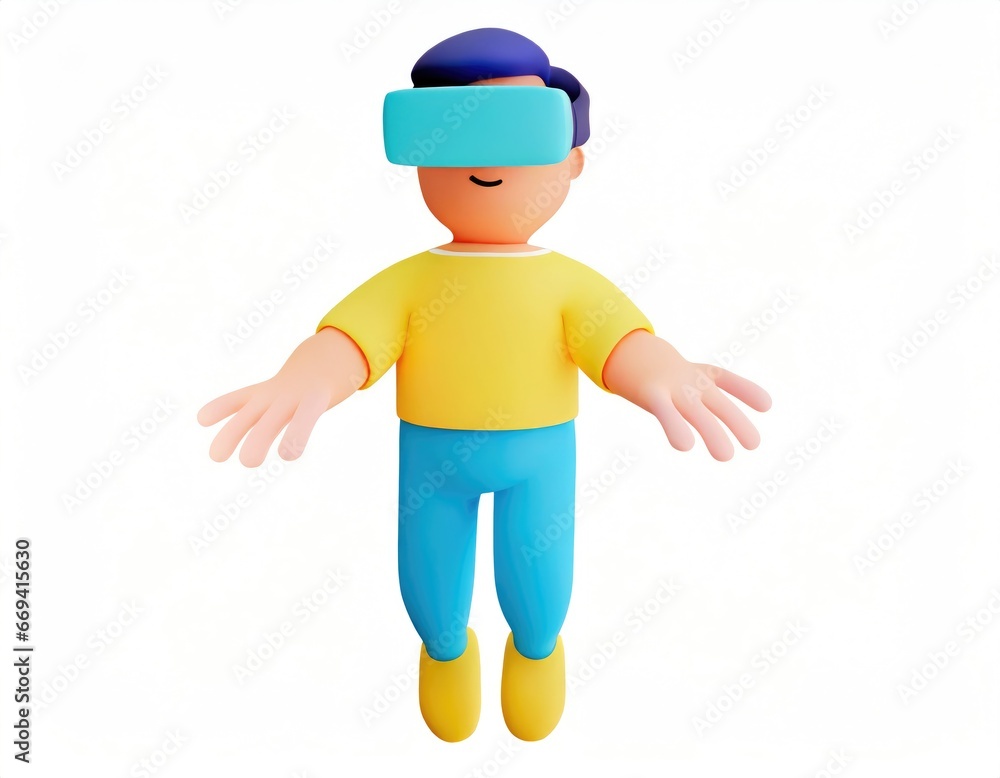 Cartoon character wearing vr glasses headset, body floating in cyberspace. Concept of immersion and metaverse. AI generated. Cartoon character wearing vr glasses headset, body floating in cyberspace. Concept of immersion and metaverse. AI generated.