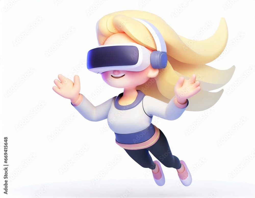 Cartoon character wearing vr glasses headset, body floating in cyberspace. Concept of immersion and metaverse. AI generated.