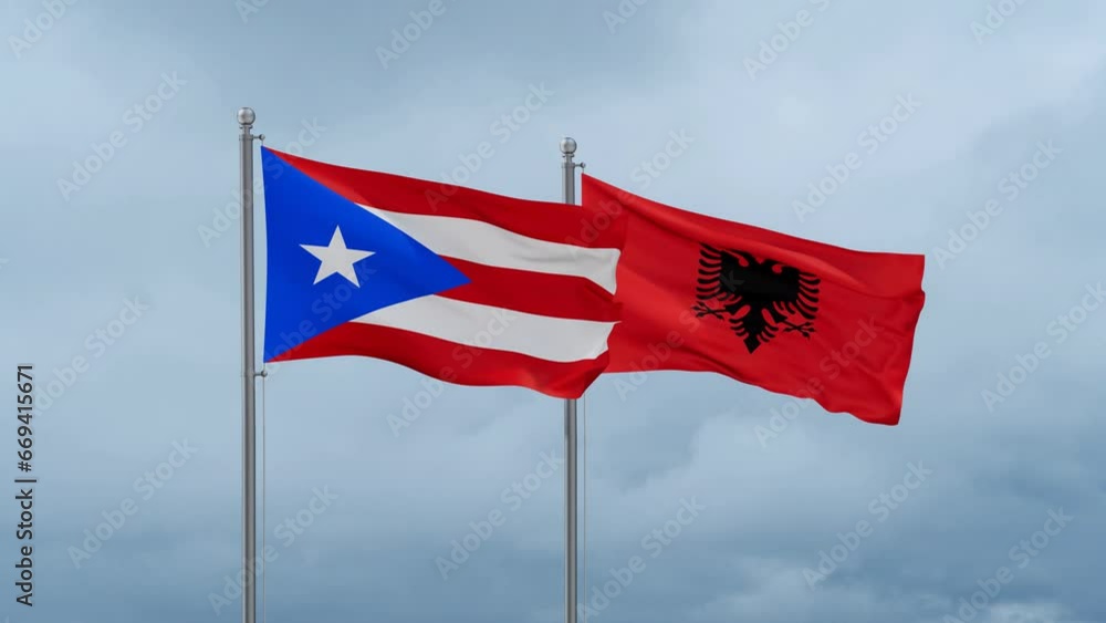 Puerto Rico flag and Albania flag waving together on cloudy sky, endless seamless loop Puerto Rico flag and Albania flag waving together on cloudy sky, endless seamless loop