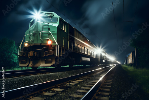 Long exposure photo of a train in motion. Rail freight transportation concept