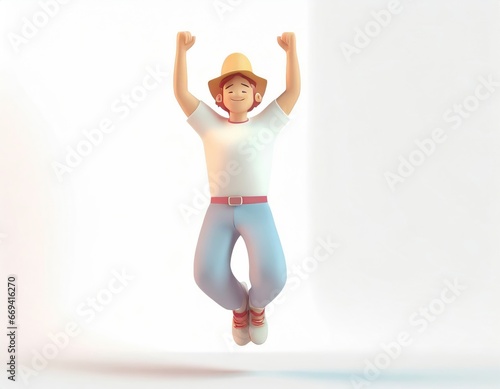 3D Character jumping celebrated, character with his hands in the air. AI generated.