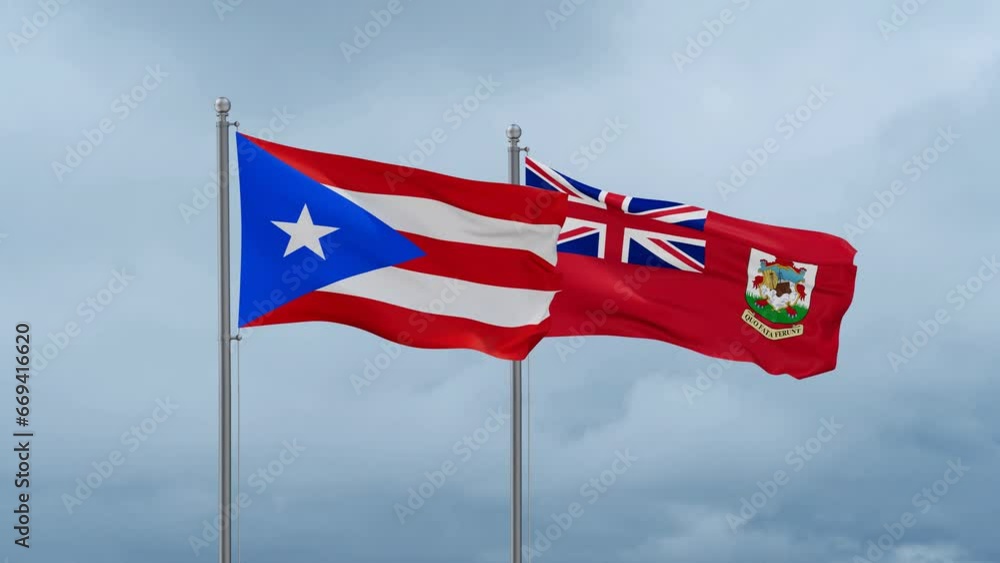 Puerto Rico flag and Bermuda or Somers Isles flag waving together on cloudy sky, endless seamless loop Puerto Rico flag and Bermuda or Somers Isles flag waving together on cloudy sky, endless seamless loop