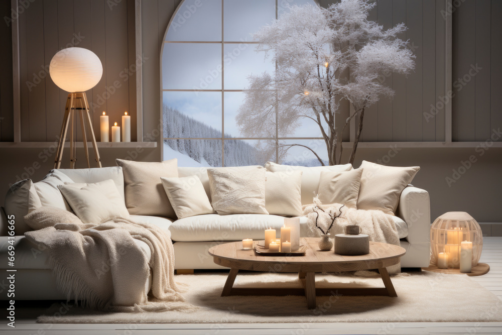 Modern interior with beige sofa and big window. house design, luxury lifestyle, relax and holiday concept. Scandinavian style. winter vacation Modern interior with beige sofa and big window. house design, luxury lifestyle, relax and holiday concept. Scandinavian style. winter vacation