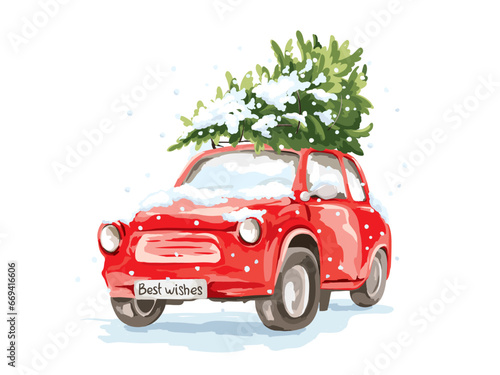 Red retro car with a christmas tree in the trunk on the roof. Christmas card in watercolor style drawing with Santa's car, free hand drawing, vector illustrations.	
