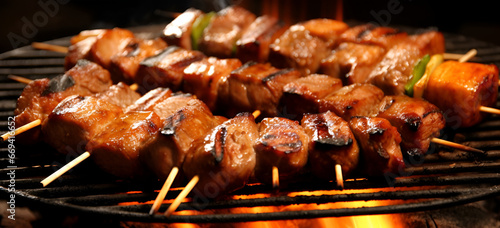 A grill with chicken on it and flames on the grill Flavorful Grilled Beef Tikka Botti for Eid ul Adha Celebration Kebabs on Fire Unleash the Flavor with Shish Kebab Grills.AI Generative