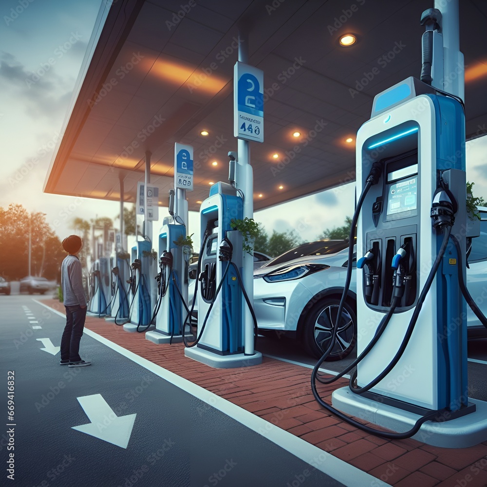 A man is at an EV car filling station with AI generated A man is at an EV car filling station with AI generated
