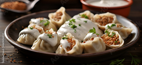 A plate of dumplings with a white sauce and green herbs on top Meat filled Georgian dumplings called .AI Generative