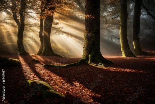 autumn forest in the morning, image that emulates the textures of a dense, mist-covered forest at dawn, highlighting the interplay of light and shadow on leaves and tree bark