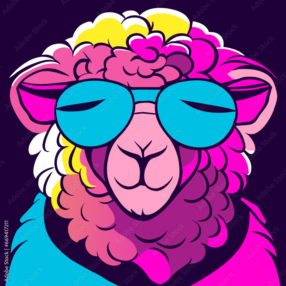Vector illustration of a cute funny sheep in glasses on a purple background. AI generated