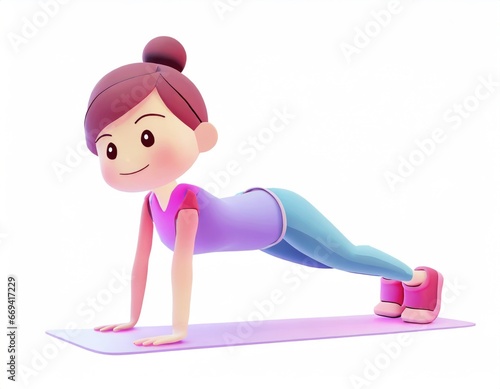 3D Character practicing yoga doing push and press ups plank pose. AI generated.
