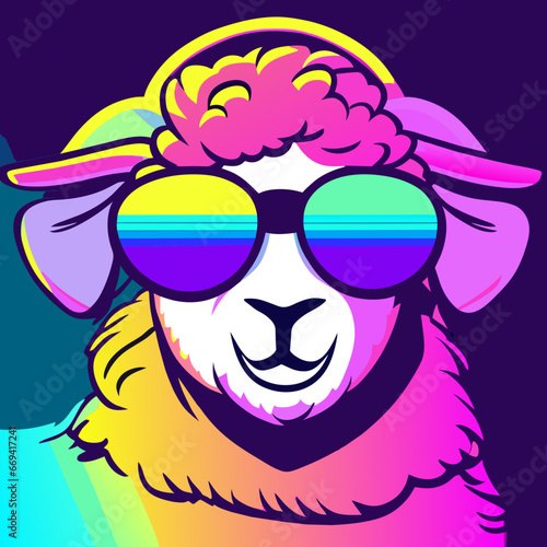 Illustration of a cute sheep wearing sunglasses in a rainbow background. generative AI