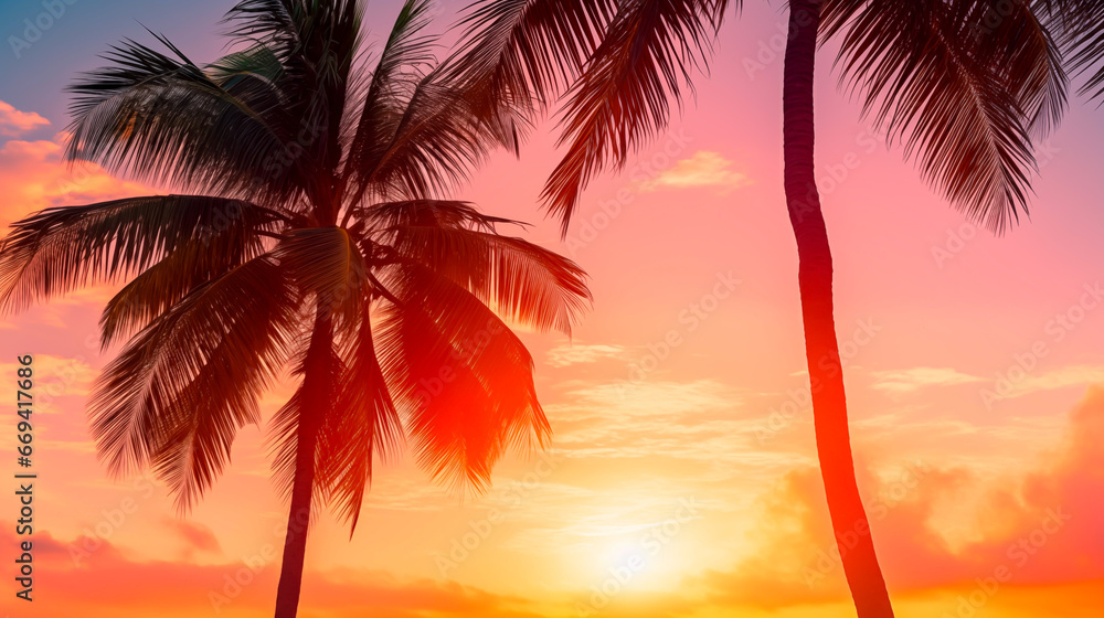 Silhouette of Palm trees in a vivid sunset. Summer vibes with an 80ies or 70ies feeling. Concept of warm summer nights and tropical sunsets. Shallow field of view.