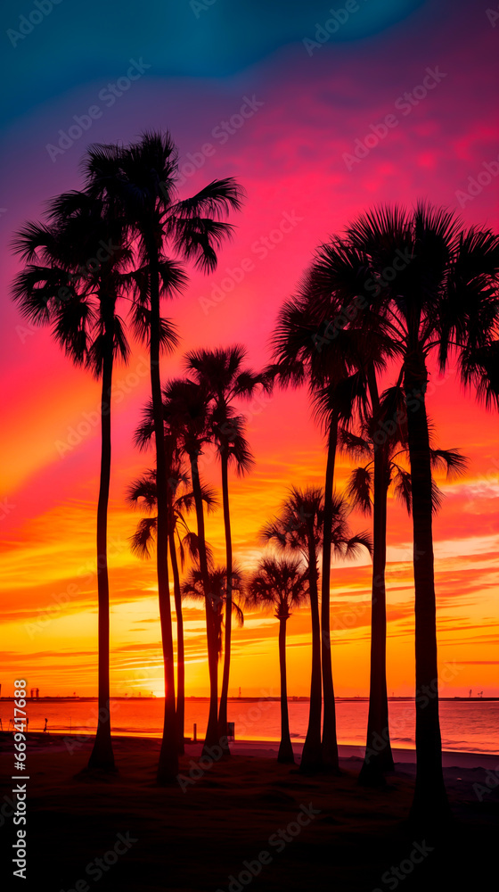 Silhouette of Palm trees in a vivid sunset. Summer vibes with an 80ies or 70ies feeling. Concept of warm summer nights and tropical sunsets. Shallow field of view.