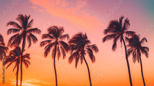 Silhouette of Palm trees in a vivid sunset. Summer vibes with an 80ies or 70ies feeling. Concept of warm summer nights and tropical sunsets. Shallow field of view. © henjon