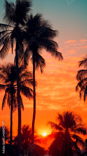 Silhouette of Palm trees in a vivid sunset. Summer vibes with an 80ies or 70ies feeling. Concept of warm summer nights and tropical sunsets. Shallow field of view. photo