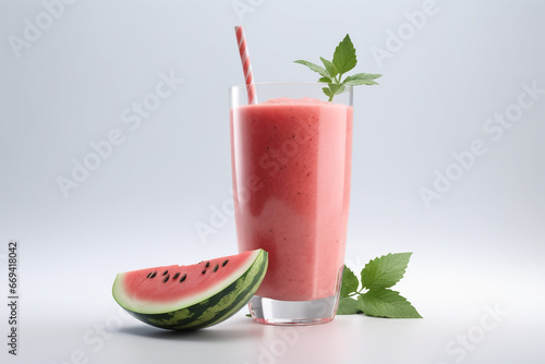 photo realistic watermelon smoothie, branch with isolated on paper background 