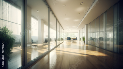 Photo of a large and spacious corridor in an office, illuminated by sunlight. A fully glazed office creates a cozy working atmosphere