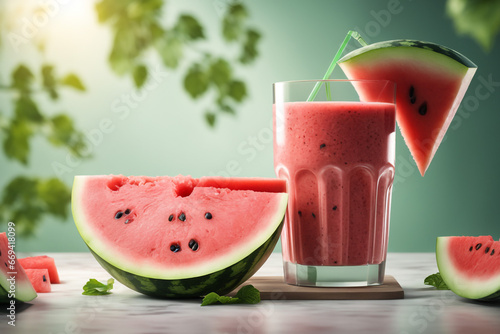 photo realistic watermelon smoothie, branch with isolated on paper background 