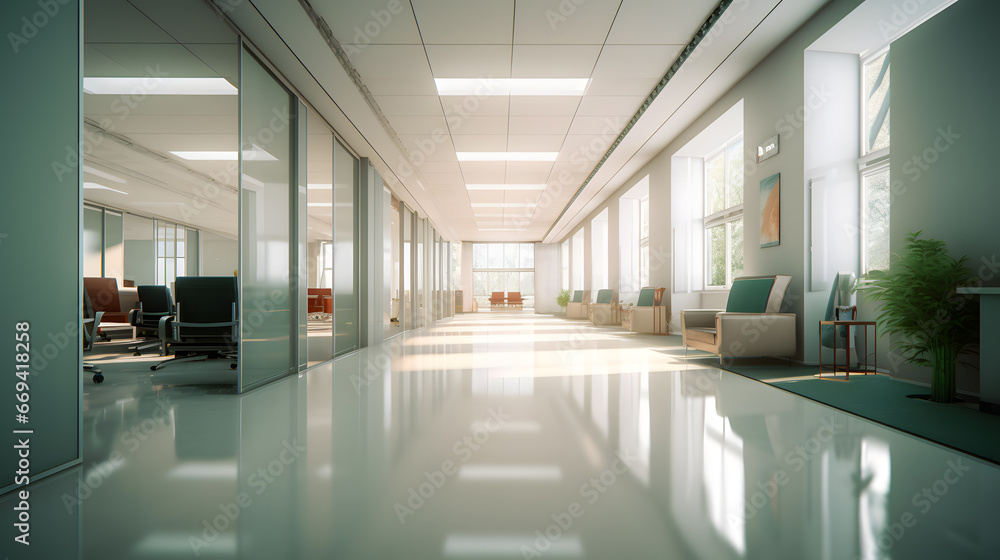Photo of a large and spacious corridor in an office, illuminated by sunlight. A fully glazed office creates a cozy working atmosphere