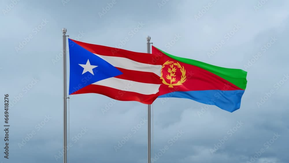Eritrea and Puerto Rico flag waving together on cloudy sky, endless seamless loop, two country cooperation concept Eritrea and Puerto Rico flag waving together on cloudy sky, endless seamless loop, two country cooperation concept