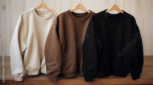 Black, brown, and white sweatshirts neatly displayed on hangers in a contemporary retail store. The arrangement creates a pleasing visual with modern design. photo