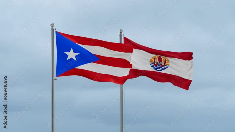 French Polynesia flag and Puerto Rico flag waving together on cloudy sky, endless seamless loop, two country relations concept French Polynesia flag and Puerto Rico flag waving together on cloudy sky, endless seamless loop, two country relations concept
