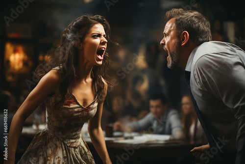 A man and a woman are brawling in a bar. A married couple in a quarrel.